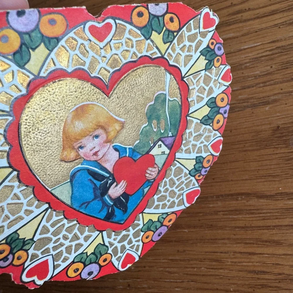 Vintage Valentine Card Boy Sailor Holding Heart Whitman‎ Made Worcester MA